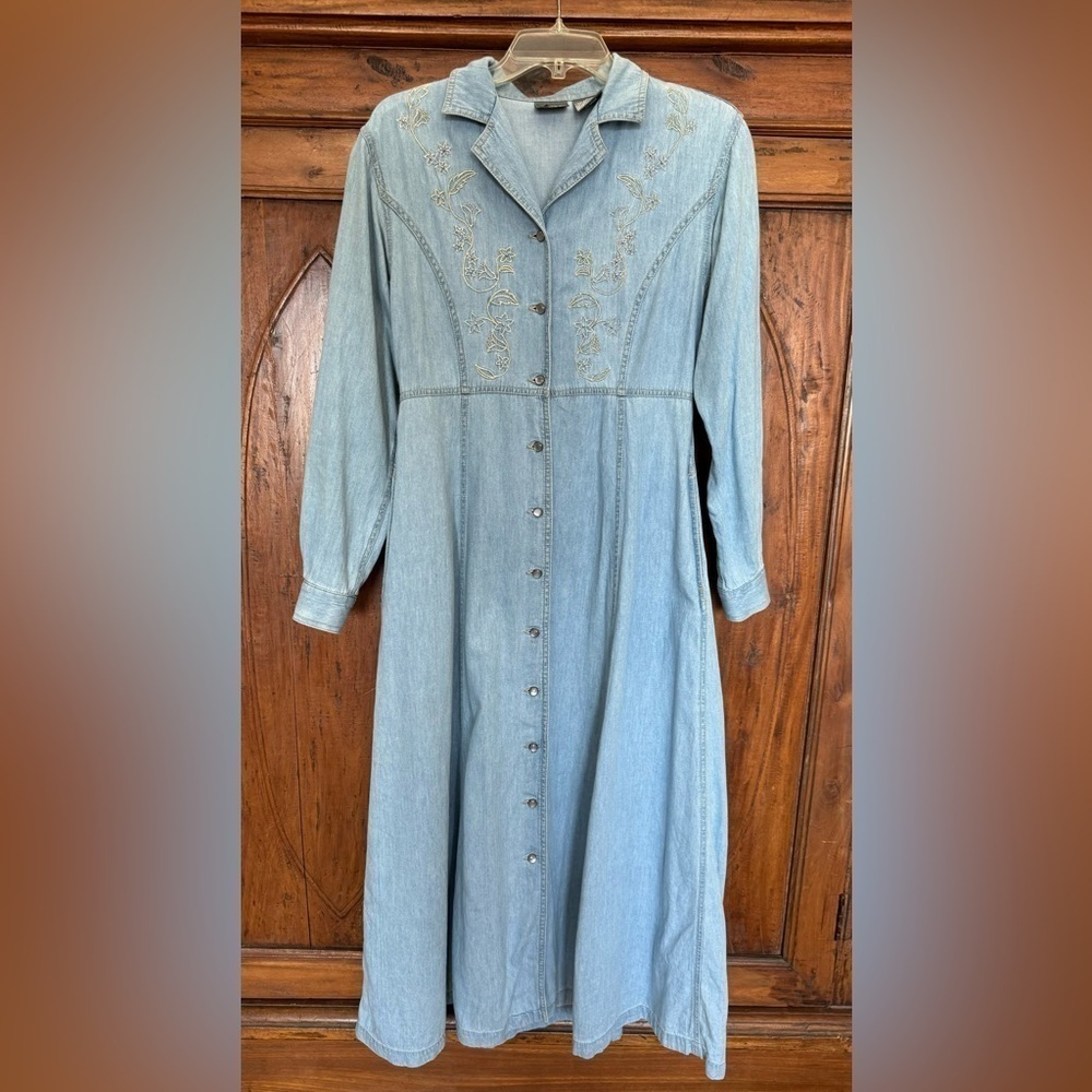 Vintage LizWear Denim Maxi Dress embroidered Pear buttons country western - Picture 5 of 13